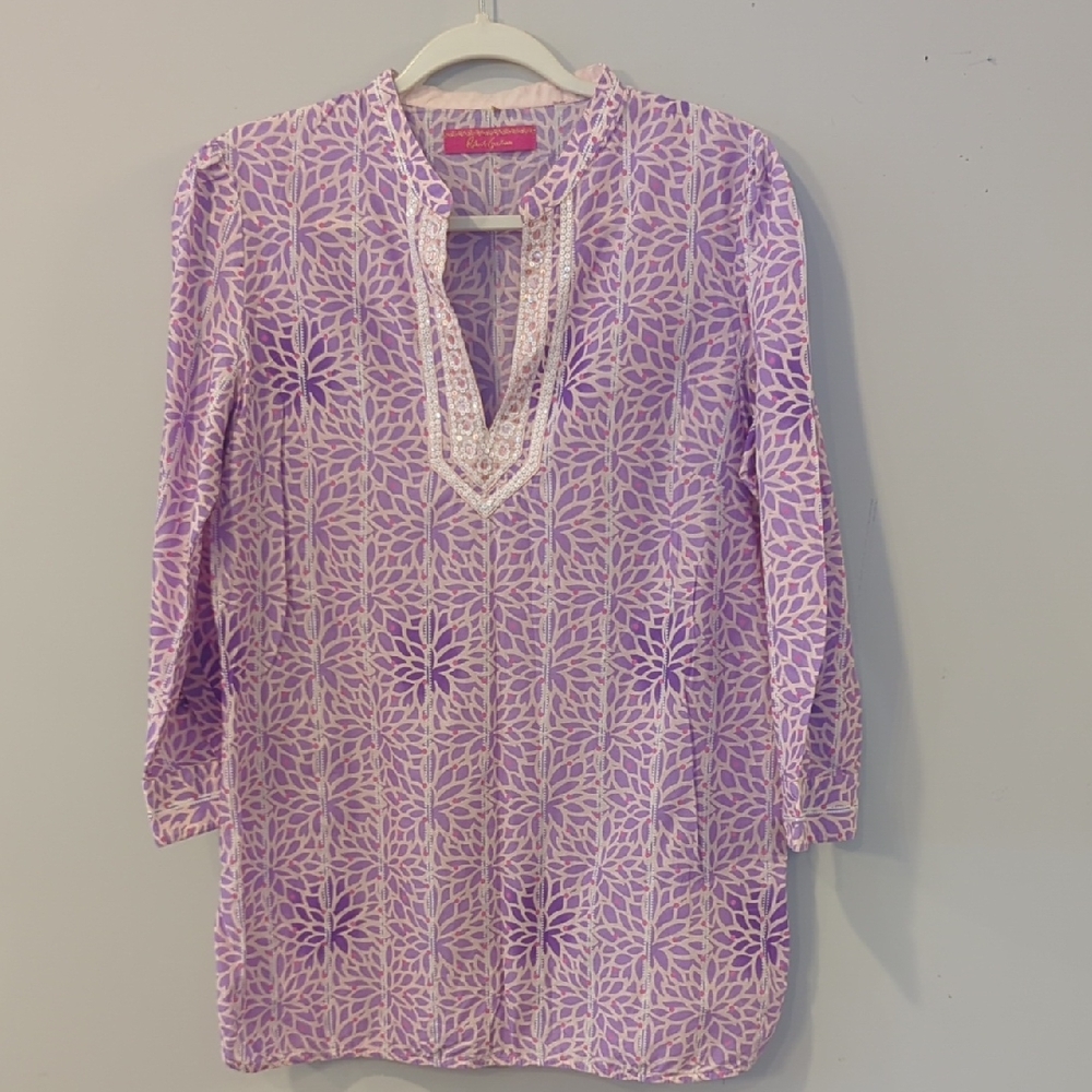 Robert Graham Tunic Top Purple Sequins‎ Block Print size Large